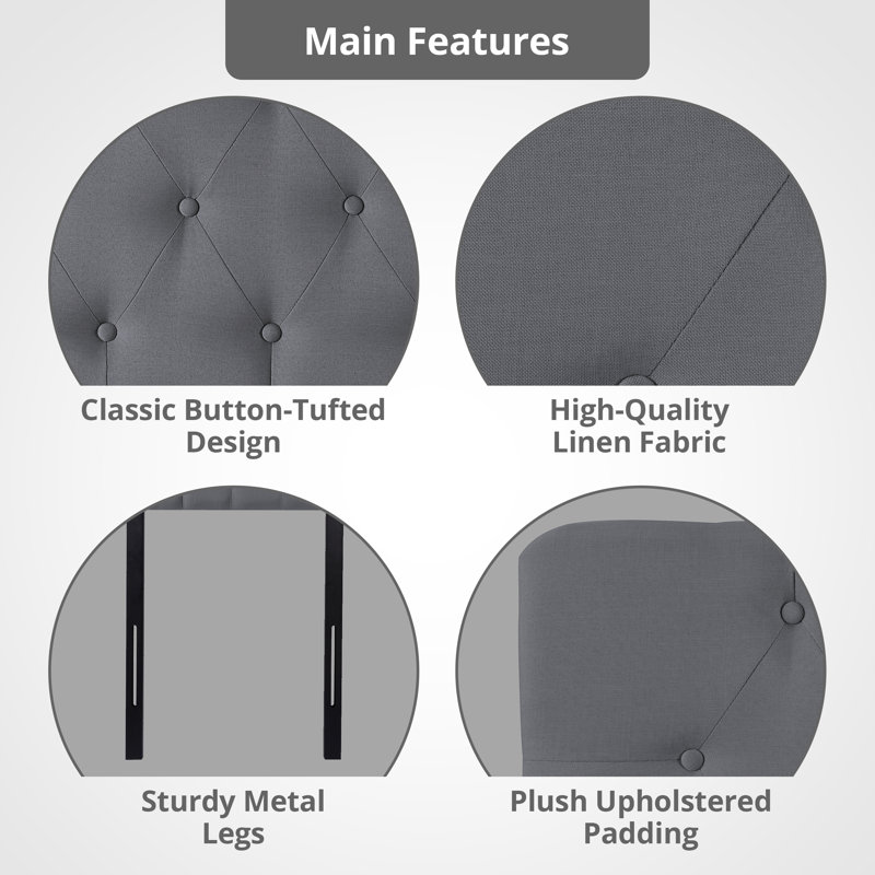 Arched Button Tufted Adjustable Upholstered Queen Headboard in Linen Fabric, Metal Legs, Light Gray