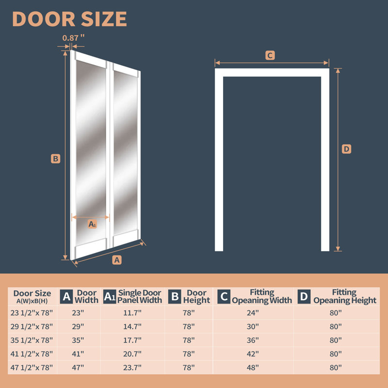 1 porte de garde-robe en bois manufacturé à double miroir avec ensemble de quincaillerie 48 po x 80 po, 48' x 80'