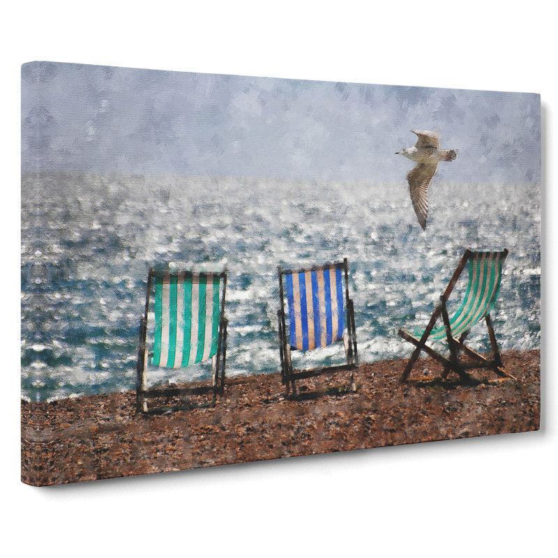 Seagull Over Brighton Beach Deckchairs - Wrapped Canvas Painting, 40cm H x 60cm W x 3cm D