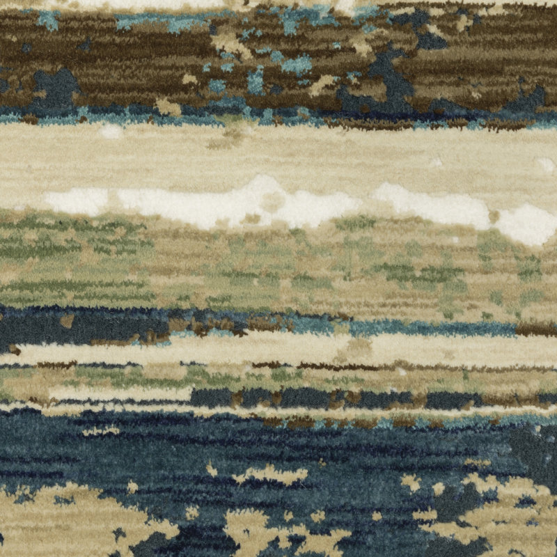 Tapis abstrait rayé beige / bleu Rayan, Rectangle 7 pi 10 po x 10 pi 10 po