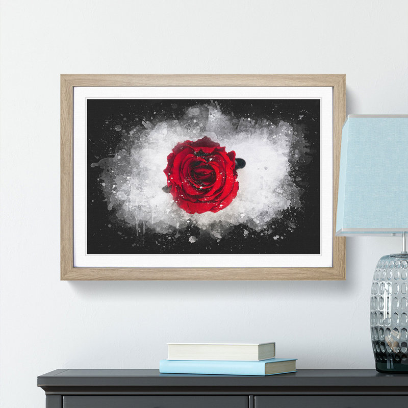 Red Rose In Bloom - Picture Frame Graphic Art, 24cm H x 33cm W x 2cm D, Oak Framed