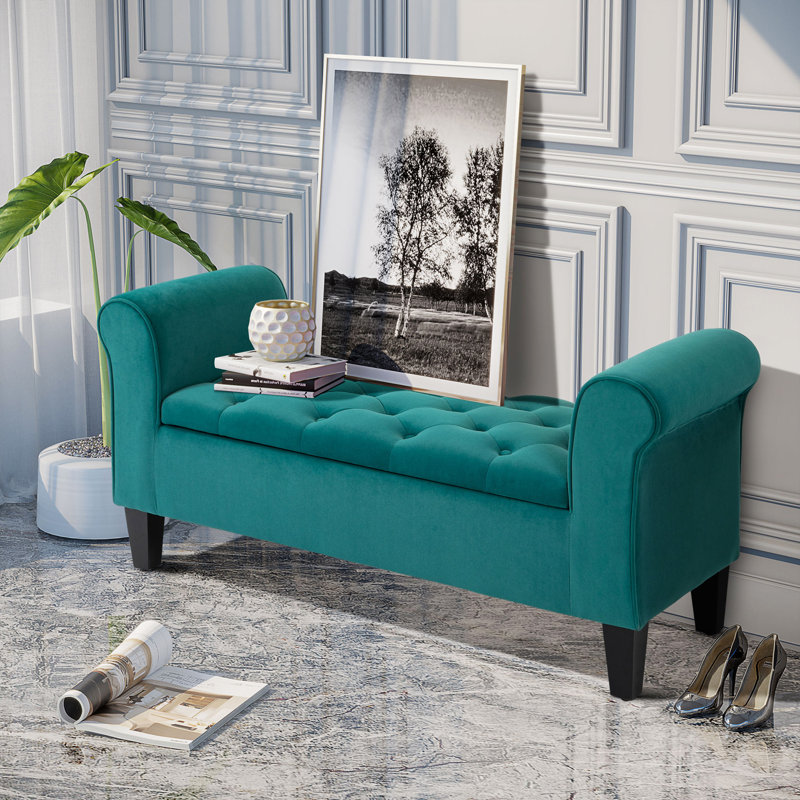 Banc avec repose-pieds capitonné et accoudoirs roulés, Corduroy - Green