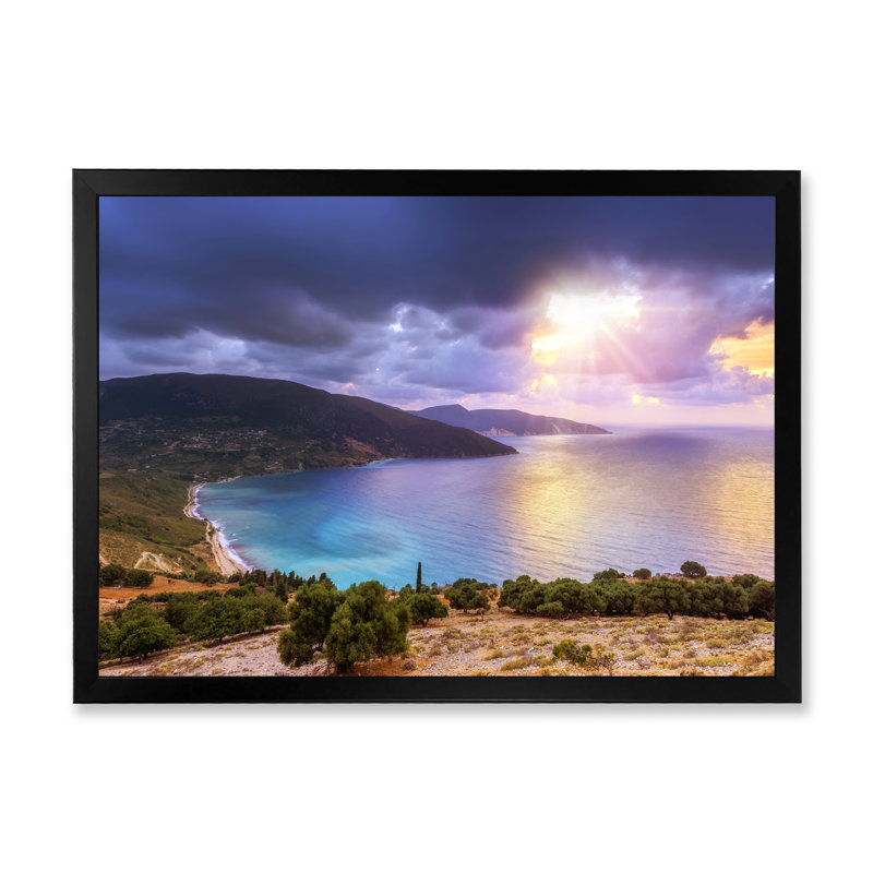 Été coucher de soleil sur la mer - art mural sur toile nautique et côtier, H 20 po x l 12 po x P 1 po, Cadre noir
