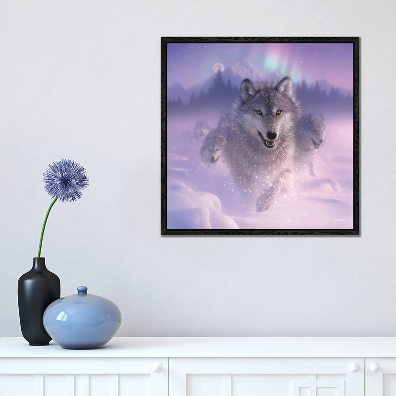 Northern Lights - Running Wolves by Collin Bogle - Print on Canvas, Black Framed Canvas, 66.04 cm H x 66.04 cm W