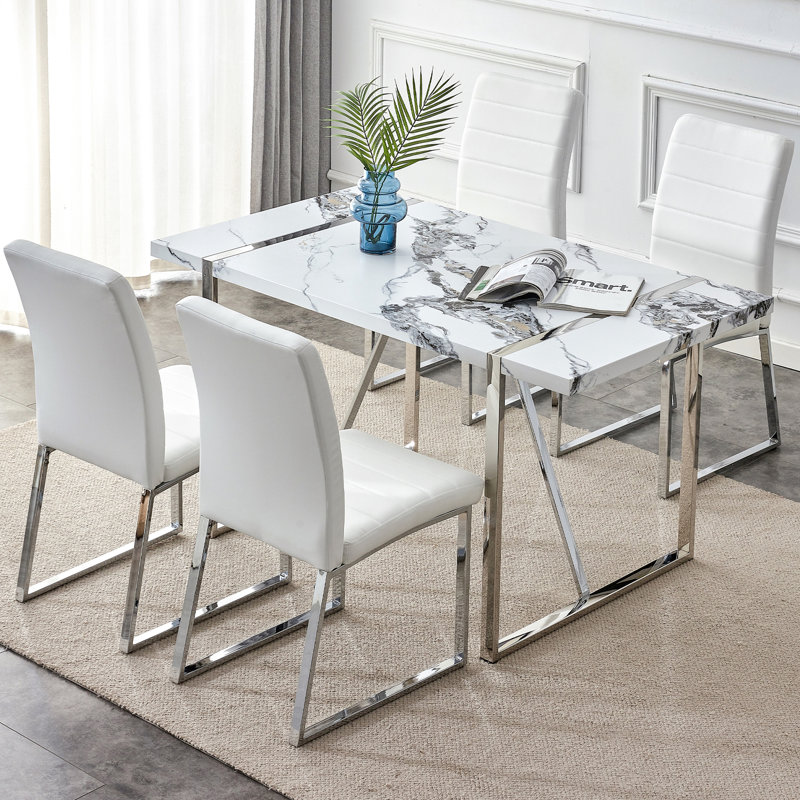 Table de salle à manger moderne, table de cuisine en faux marbre de 55 pouces pour 4 personnes, table de salle à manger rectangulaire pour salle à manger, bureau personnel, meubles de salon, assemblage facile (table blanche et argent)