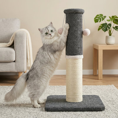 Grand griffoir pour chat, griffoir en sisal robuste de 23,6 pouces avec boules suspendues, base robuste, gris foncé