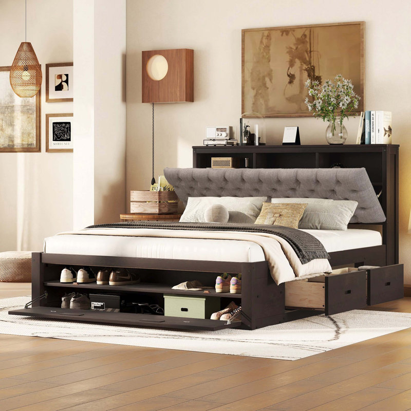 Lit plateforme en bois grand avec tête de lit, étagère à chaussures et 4 tiroirs, Espresso