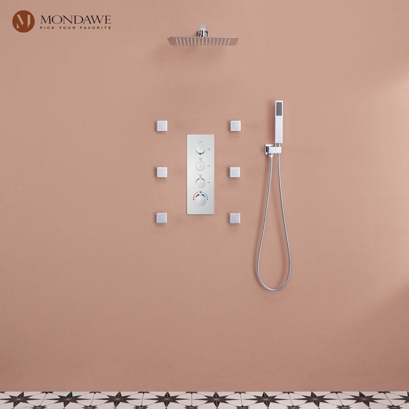 Système de douche mural Herathena 3 fonctions de luxe avec 6 jets de corps (valve brute incluse), Chrome