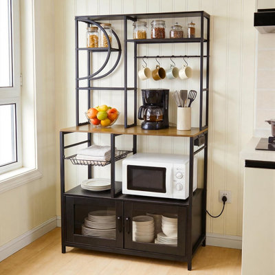 Support à 5 niveaux avec prise de courant et armoire, support de cuisine avec 10 crochets, armoire à café et support à micro-ondes pour la salle à manger ou les petits espaces - noir