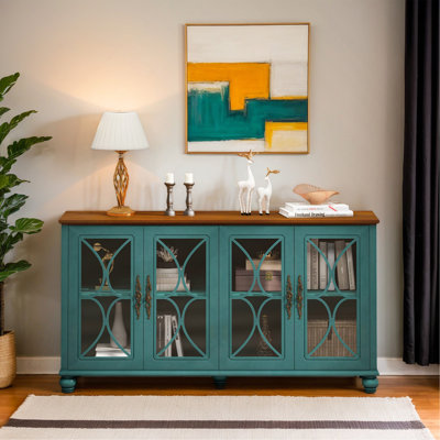 Elegant European Antique Style 4-Door Cabinet With Tempered Glass Doors,For Dining Room,Living Room,Hallway,Easy Assembly,Dark Green