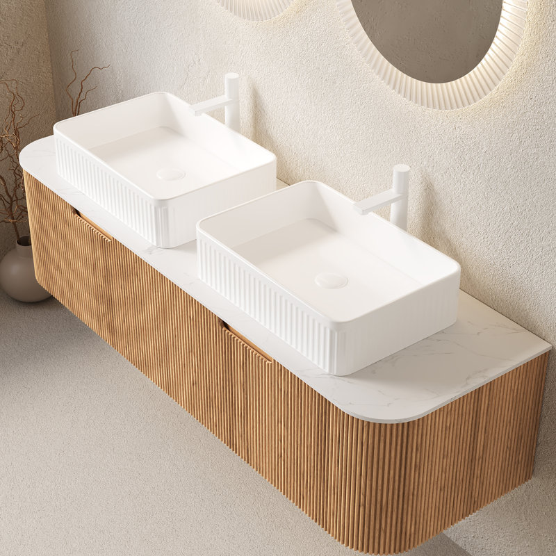 Ensemble de meuble-lavabo double 60 po avec finition 3D grain de bois, tiroirs à fermeture en douceur et lavabos rectangulaires en céramique - pré-assemblé