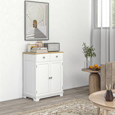 Sideboard With Solid Wood Countertop, Kitchen Storage Cabinet, Coffee Bar Cabinet With 2 Drawers, Doors And Adjustable Shelf