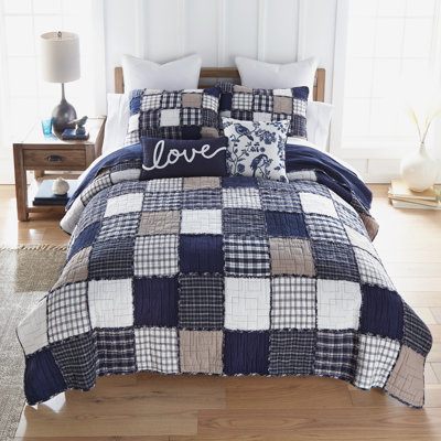 Checkerboard Indigo Cotton Quilted Patchwork Quilt Set