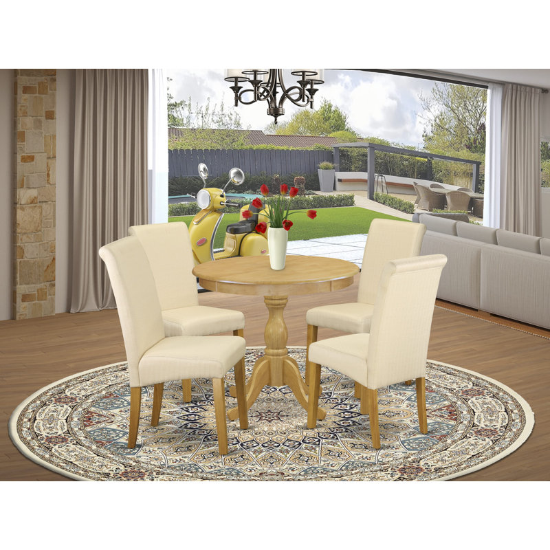 L'ensemble de table de salle à manger 5 pièces pour 4 personnes comprend une table de cuisine ronde avec Dropleaf et 4 chaises de salle à manger Parson en lin beige clair, chêne