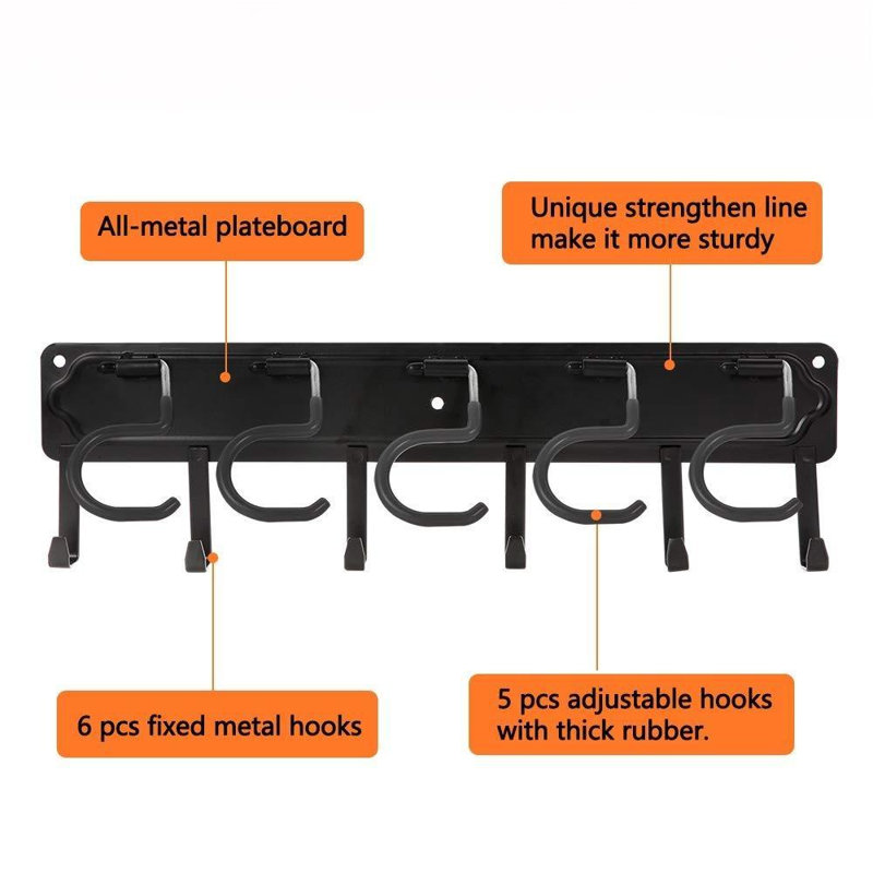 Organisateur de jardin 68 po en métal, organisateurs muraux de garage réglables et rangement, support mural robuste avec crochets pour balai, rateau, vadrouille, pelle (paquet de 4)