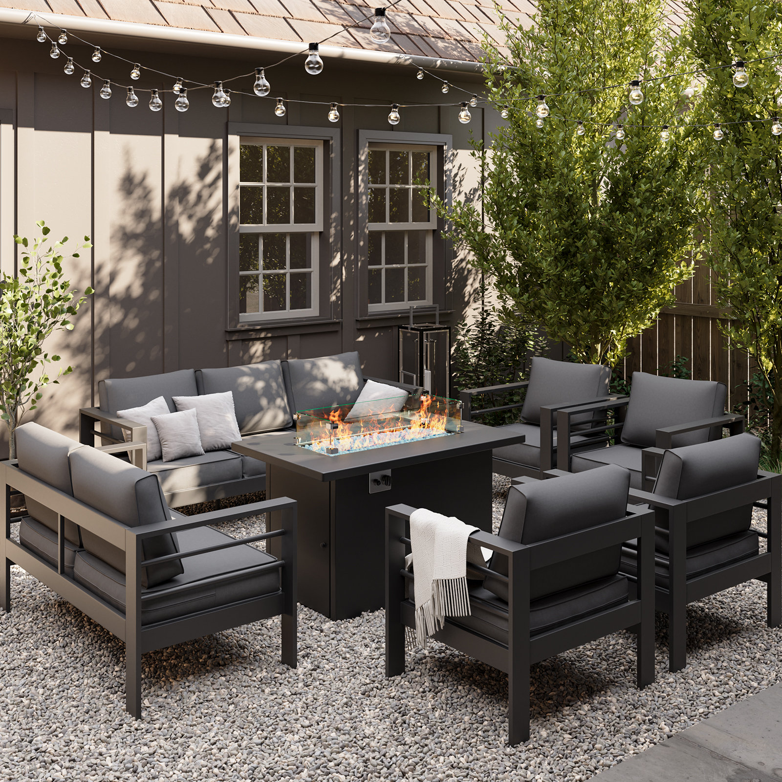 9-Person Sofa Seating Group With Fire Pit Table