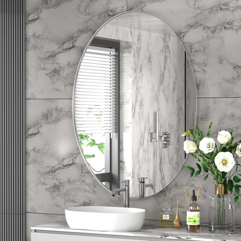 Miroir de salle de bain ovale, 30 po x 22 po, Argent brossé