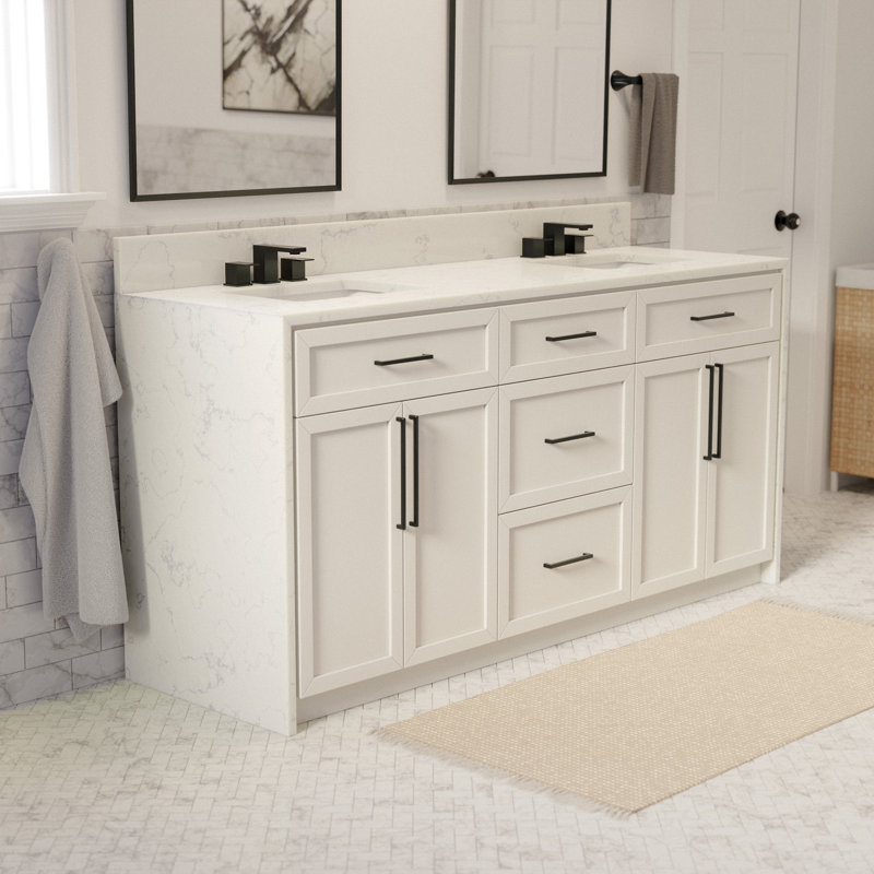 Ensemble de meuble-lavabo 72 po avec armoire blanche et comptoir en marbre d'ingénierie, Blanc