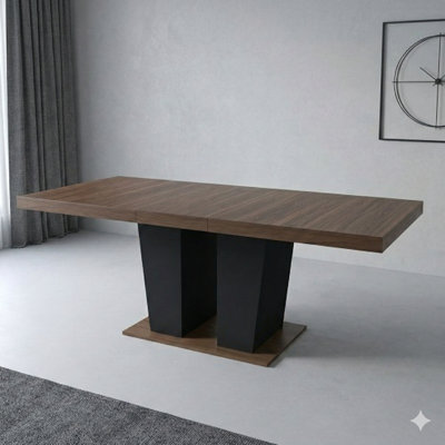 Expandable Dining Room Table for 4-10 People, Wooden Transformer Kitchen Table with Black Double Sturdy Pedestal Base, Modern Large Expandable Table