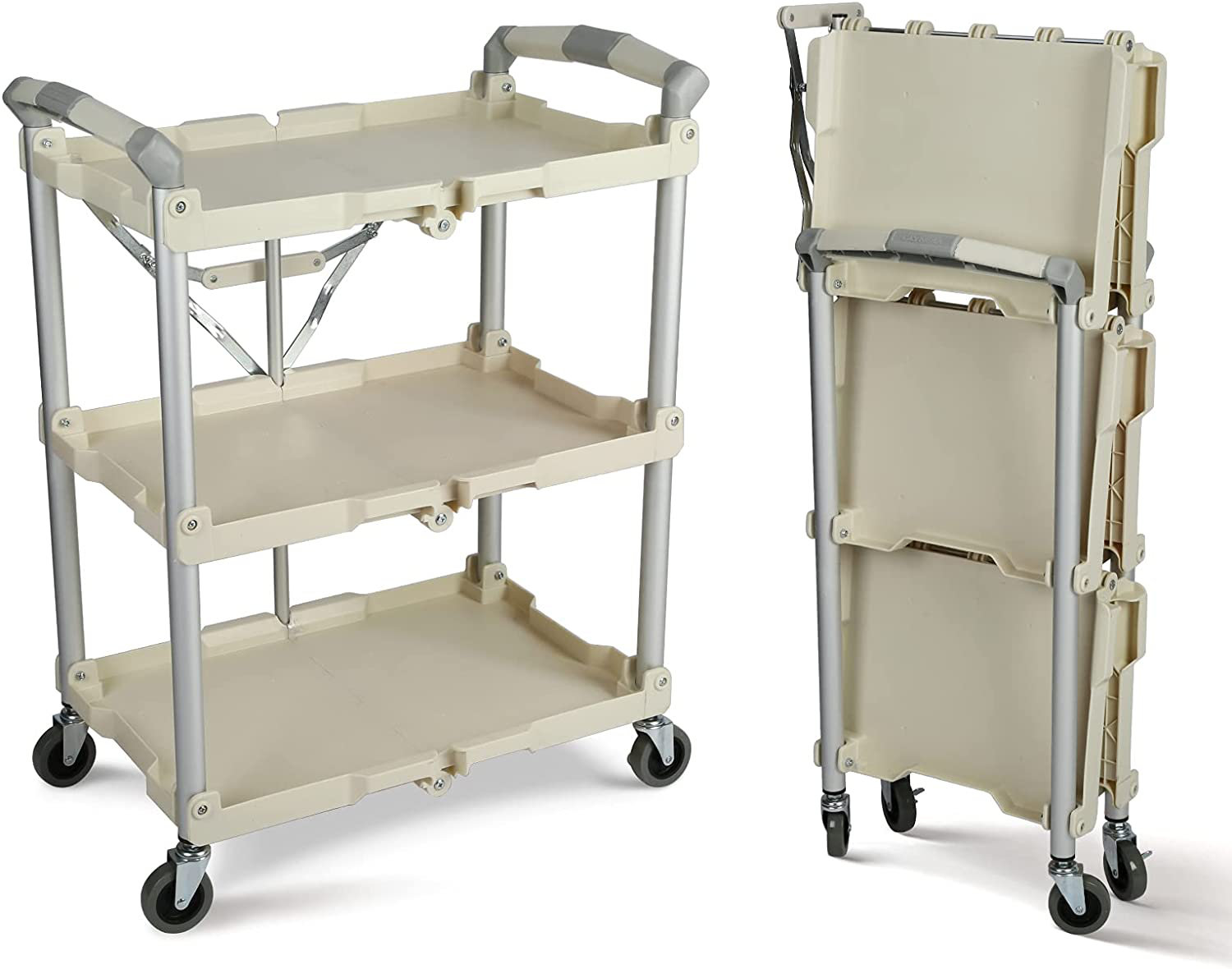 Costway Folding Collapsible Service Cart Heavy-Duty 3-Shelf Tool Cart with  4 Wheels