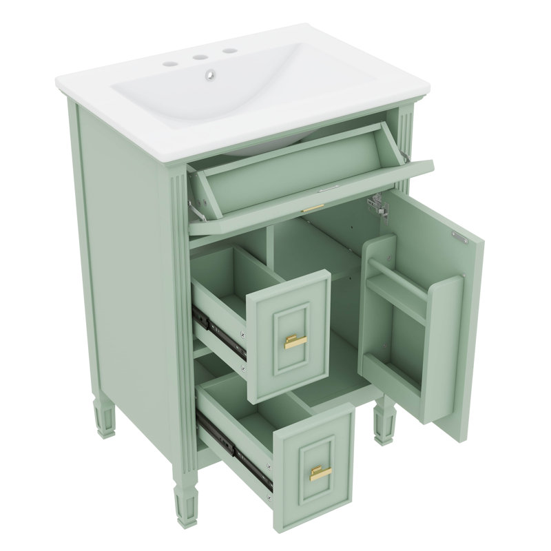 Meuble-lavabo 24 po avec lavabo, armoire de rangement en bois massif avec 2 tiroirs et un tiroir basculant, tablettes réglables