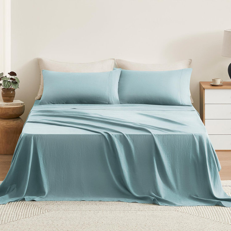 TOSMO 100% Linen Sheet Set, Aqua, Queen