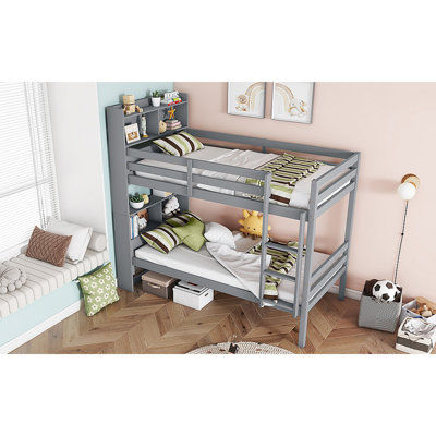 Lit superposé avec tablettes, lit en bois d'hévéa avec tête de lit à tablettes, barrières de sécurité et échelle, convertible en 2 lits