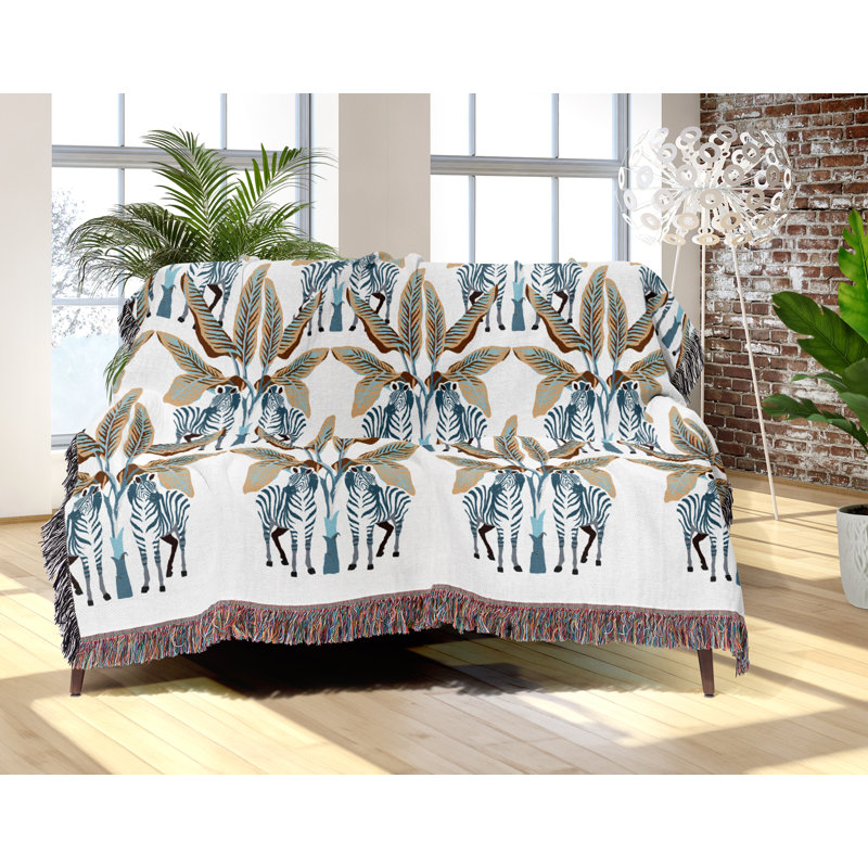 Jeté en mélange de coton Xavier Zebra, L 70 po x l 50 po, Beige / brun / bleu sarcelle foncé / blanc cassé