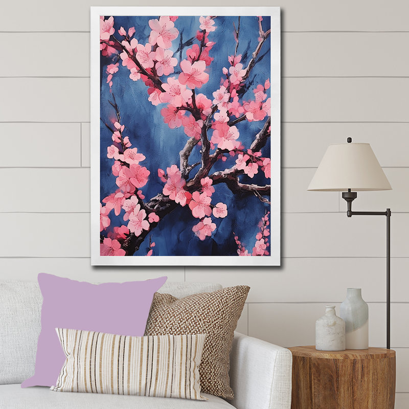 «Pink and Blue Cherry Blossoms Symphony» sur impression sur toile, Cadre simple blanc, H 44 po x l 34 po x P 1,5 po