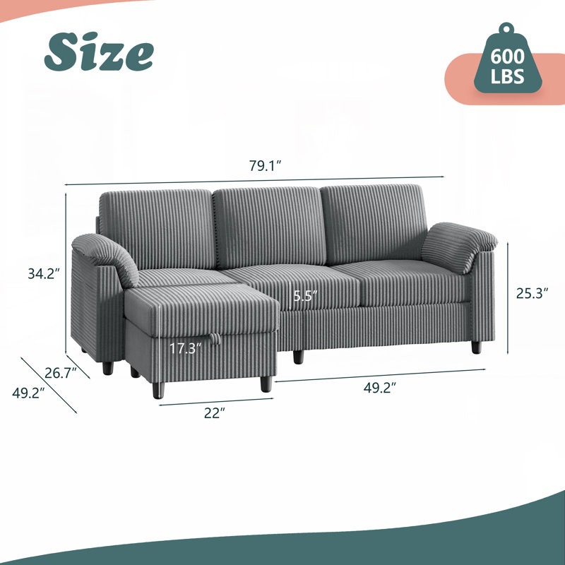 79'' Upholstered Sofa With Ottoman, Light Gray