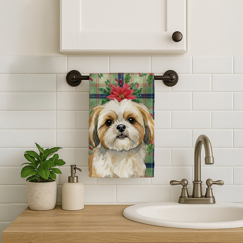 Gold and White Shih Tzu Christmas PoinsettIas Kitchen Towel, Gold/White Shih Tzu