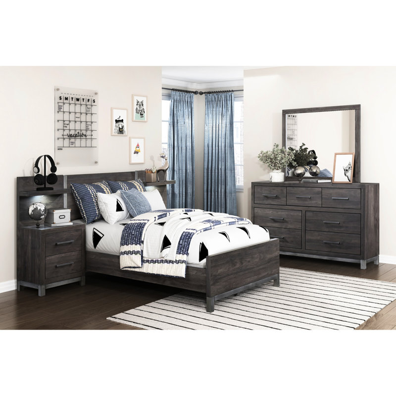 Lit simple moderne avec finition tendance - gris brunâtre et argent antique, stratifié, panneau de la taille de la tête de lit et finition argentée