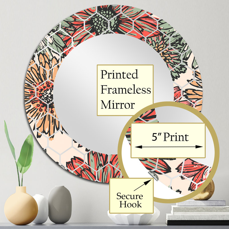 Fleurs rouges rétro - miroir mural traditionnel, 24 po x 24 po