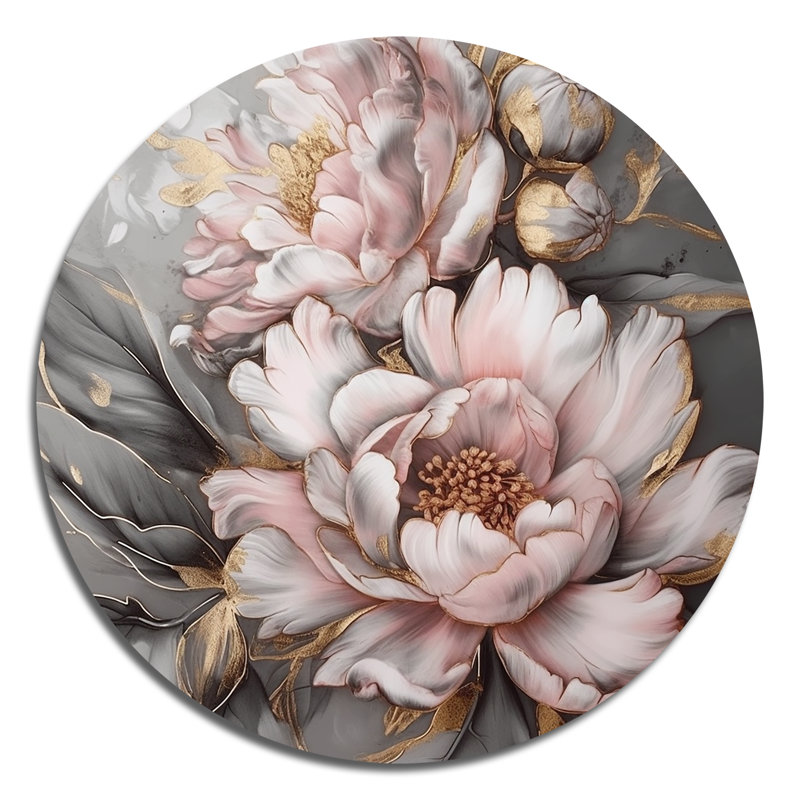 Pivoines roses et grises élégantes I - Art floral rond en métal, H 29 po x l 29 po