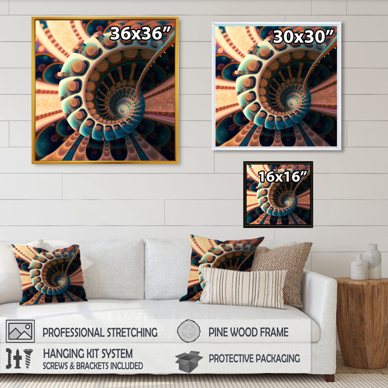 Turquoise fractal Emanation IV - impression, H 24 po x l 24 po x P 1 po, Toile avec cadre flottant or