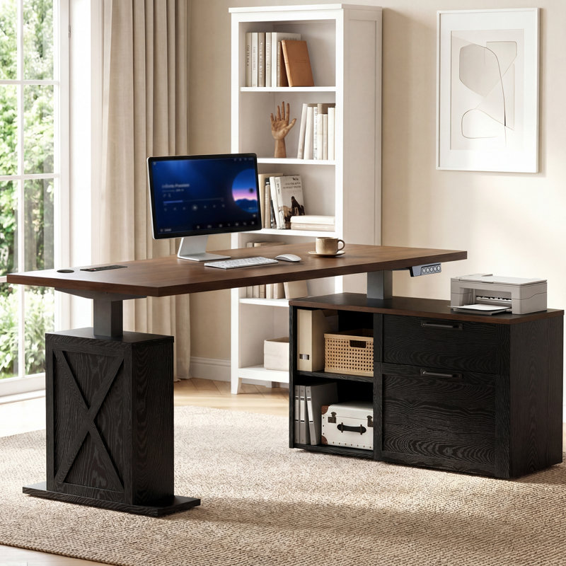 Bureau assis-debout en L de style campagnard de 170 cm avec station de recharge, bureau d'angle réglable en hauteur avec tiroirs de rangement