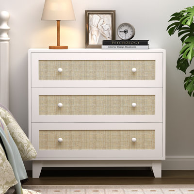 Ashari Rattan 3 Drawer Dresser, Chest of Dressers,Boho Wood Modern Dresser Drawer Chest with Wood Handles