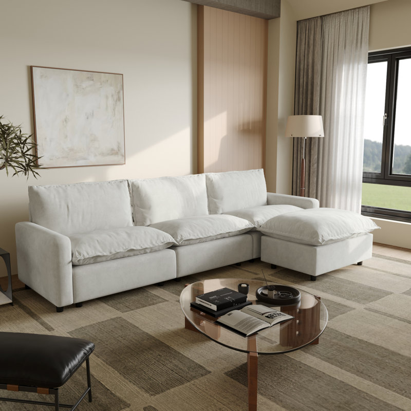 4-Piece Upholstered Modular Linen Fabric Sectional Sofa With Ottoman, Beige Linen, 35.04" H x 116.14" W x 59.44" D
