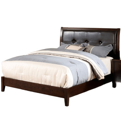 Brown Cherry Eastern King Contemporary Bed, Solid Wood, Button Faux Leather Headboard, Quick Installation Style, Leather, Mattress Ready Structure