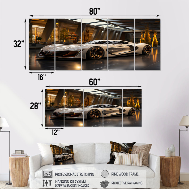 Vitrine de voiture de sport exotique - art mural 5 pièces pour salon exotique, H 28 po x l 60 po