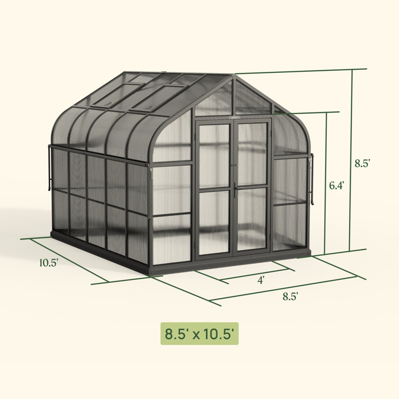 Pacific 8.5ft Wide Outdoor Metal Polycarbonate Greenhouse, 10.5'D