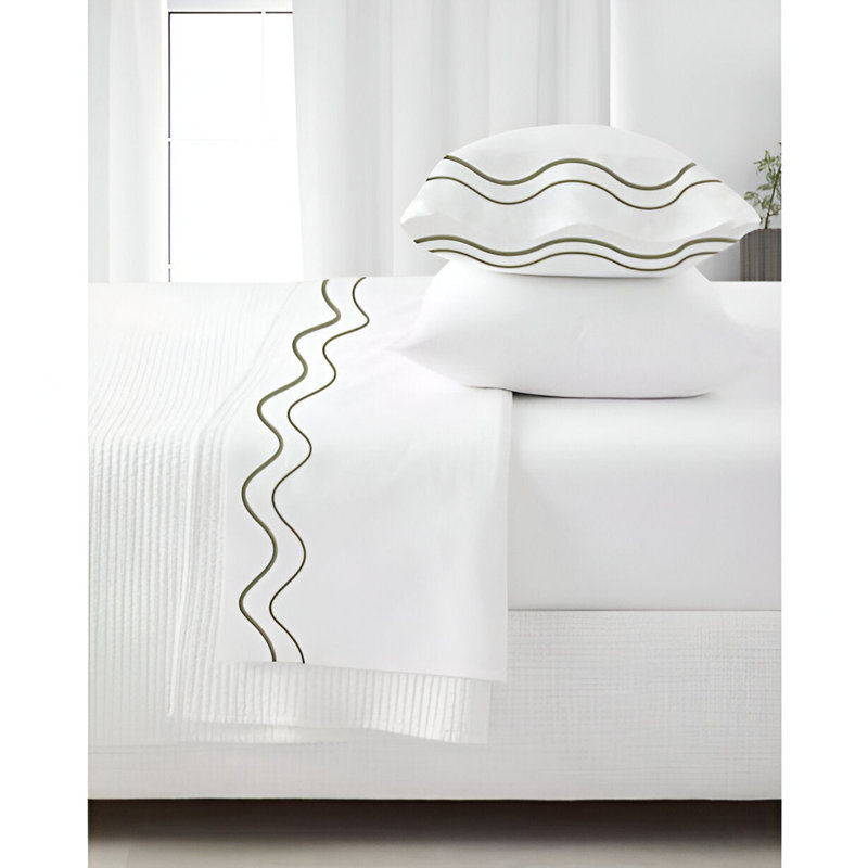 Double Wavy Embroidered Cotton 4 Piece Sheet Set Fitted Sheet Fits Upto 16" Deep Pocket, Sage Border
