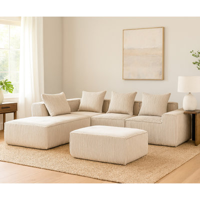 5 - Seat Corduroy Multi Person Modular Compression , No Assembly, Soft Seat, High Density Sponge Padding, For Primary Living With Beige Corduroy, Modular, Room