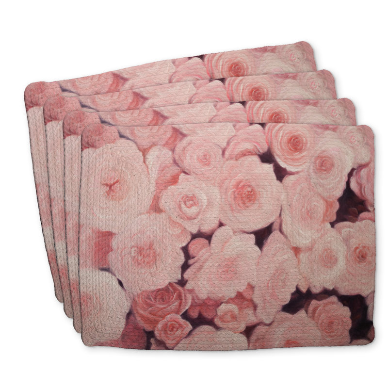 Napperons en polyester tressé à motif de fleurs roses | Ensemble de 4