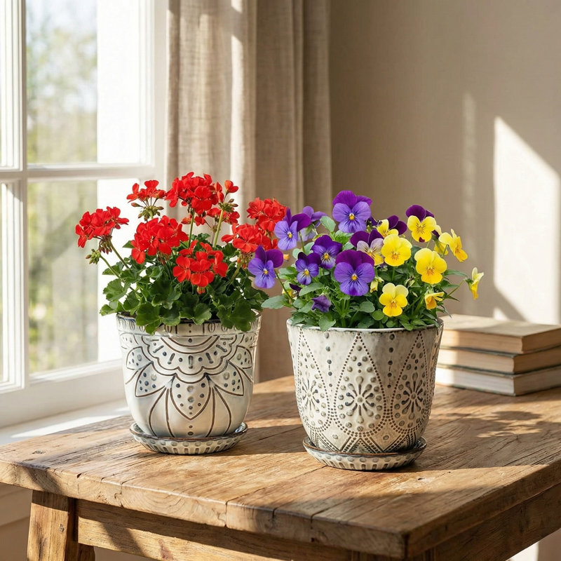 6 Inch Beaded Ceramic Planter Set Of 2 With Drainage Hole And Saucer For Plants, Indoor-Outdoor Large Round Succulent Orchid Flower Pot (Smoked Gray, Inner-Pots Not Larger Than 5 Inch)