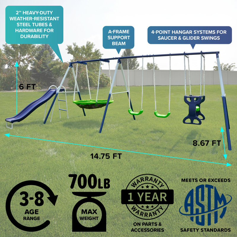 Blue Metal Outdoor Swing and Slide Set with Glider
