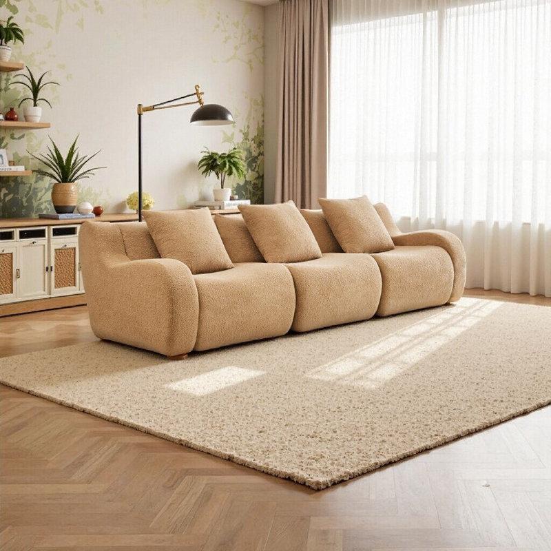 Boneless Sofa - 3-Seat Camel Teddy Fabric Sofa with Anti-Slip Design, No Assembly Needed, Streamlined Curved Armrests, Plush 32D High-Density Sponge for Living Room, Bedroom, or Reading Nook