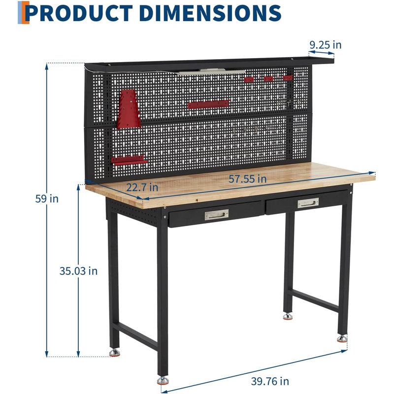 Heavy Duty Garage Workbench w/Pegboard, Wood Workbench with Tool Storage,Power Strip,LED Lighting,Industrial Work Table w/Drawers,Hanging Kits for Garage,Workshop,Basement