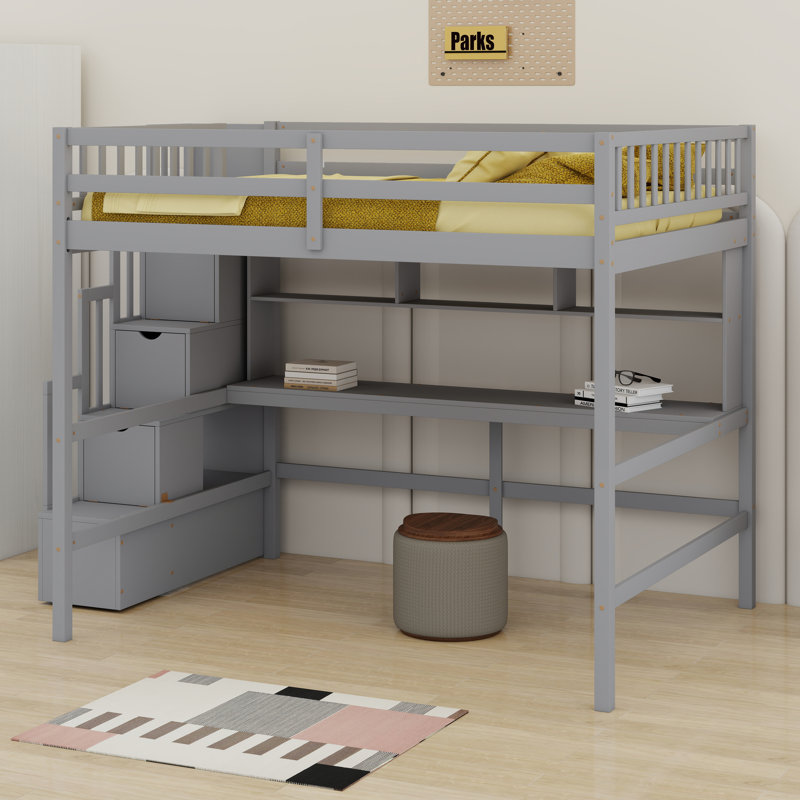 Lit mezzanine avec bureau, tablettes de rangement et escalier