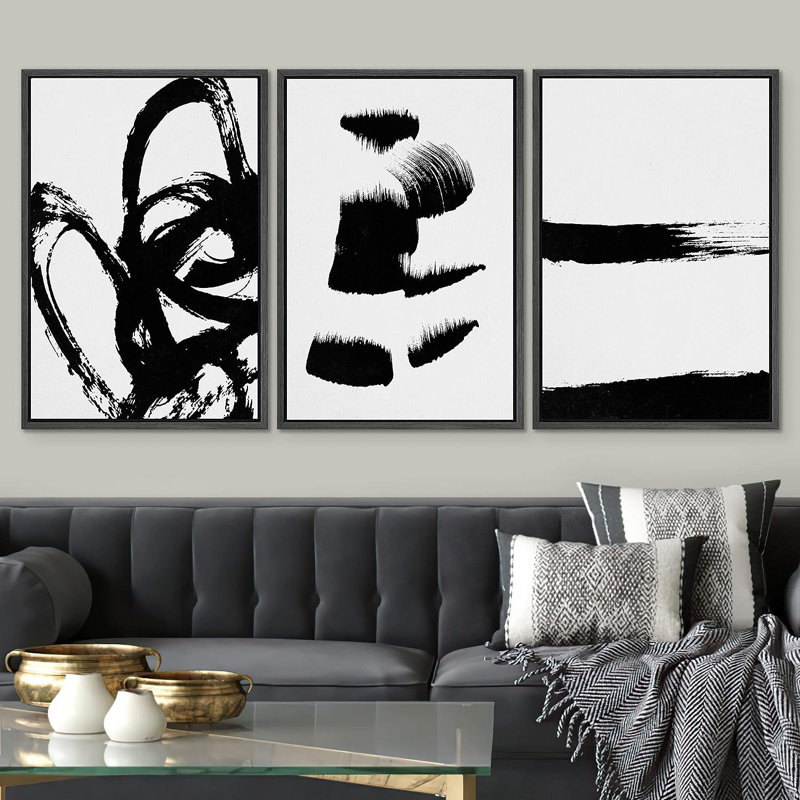 BAW style grunge en noir et blanc, coups de peinture, illustrations abstraites de formes encadrées sur toile, 3 pièces, Noir